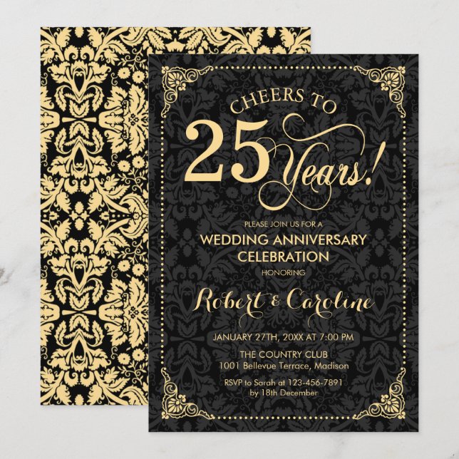 Invitación 25° Aniversario del Boda - Damasco negro de oro (Anverso / Reverso)