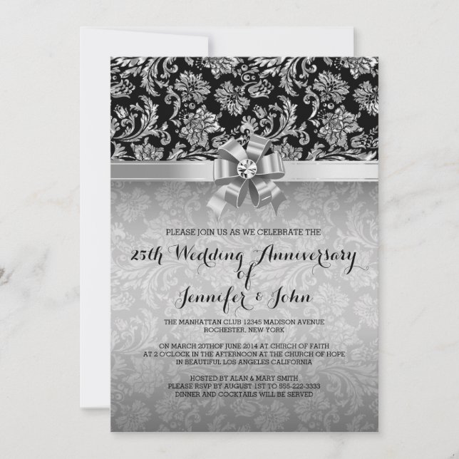 Invitación 25° Aniversario del Boda Damasco negro y plateado  (Anverso)
