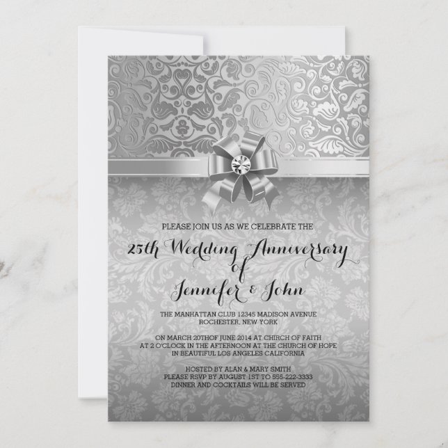 Invitación 25° Aniversario del Boda Damsask negro y plateado (Anverso)