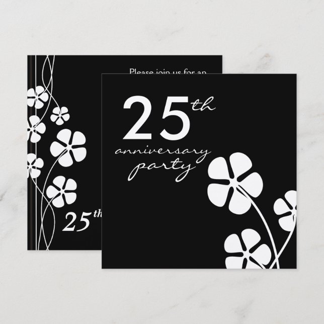 Invitación 25° Aniversario del Boda de Plata Blanco y Negro (Anverso / Reverso)