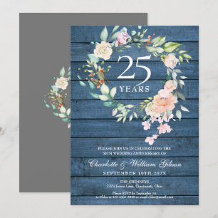 Invitación 25° Aniversario del Boda de Plata Floral de Madera