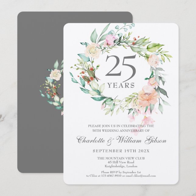 Invitación 25° Aniversario del Boda de Plata Floral Metálico (Anverso / Reverso)