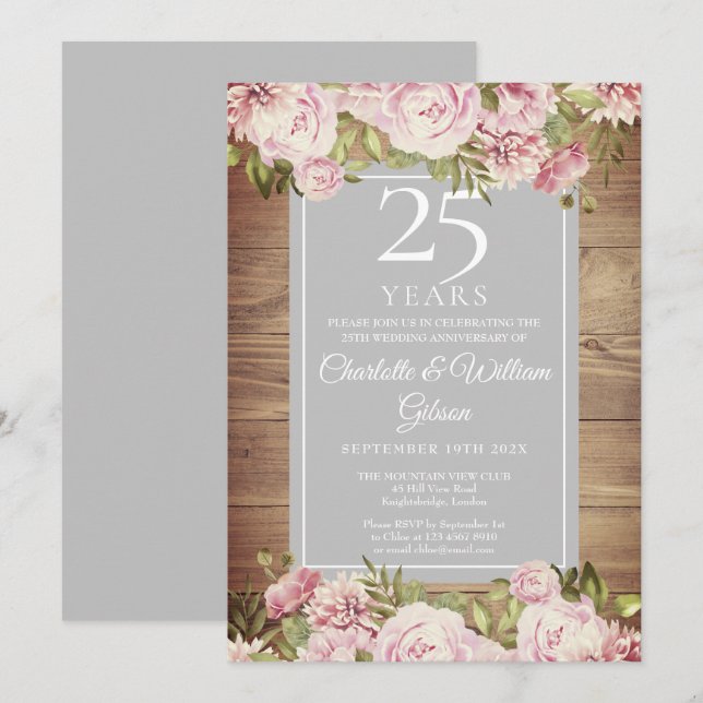 Invitación 25° Aniversario del Boda de Plata Rosas de Boho Ru (Anverso / Reverso)