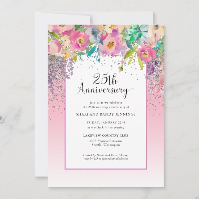 Invitación 25° Aniversario del Boda floral de plata rosada (Anverso)