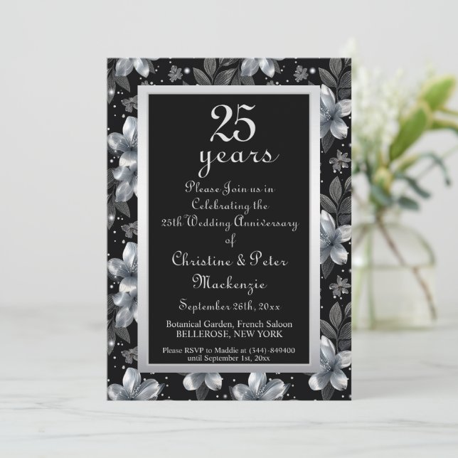 Invitación 25° Aniversario del Boda Floral Purpurina de Plata (Anverso de pie)