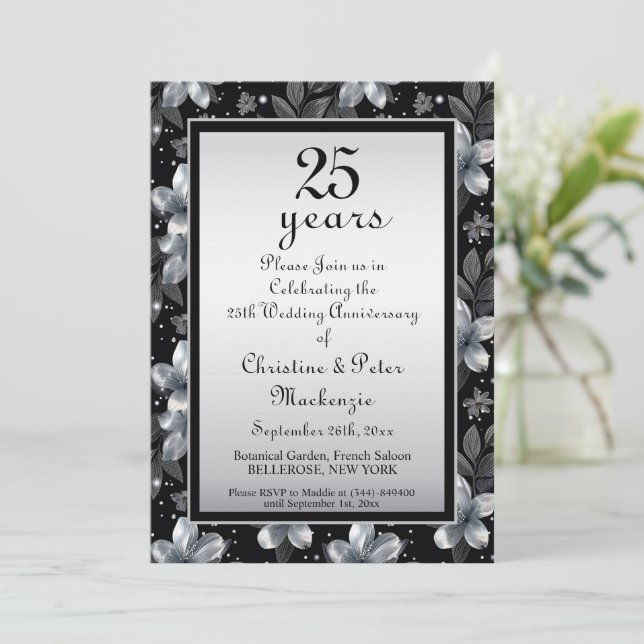 Invitación 25° Aniversario del Boda Floral Purpurina de Plata (Anverso de pie)