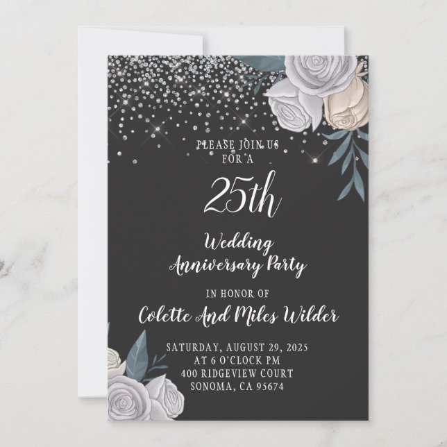 Invitación 25° Aniversario del Boda Purpurina de Plata (Anverso)