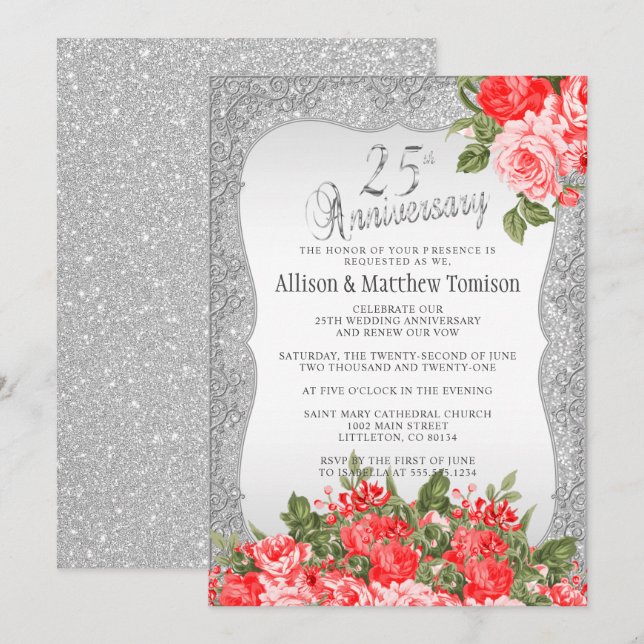Invitación 25° Aniversario del Boda Purpurina de Plata | DIY  (Anverso / Reverso)