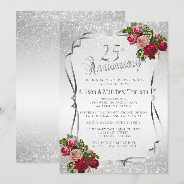 Invitación 25° Aniversario del Boda Purpurina de Plata | DIY  (Anverso / Reverso)