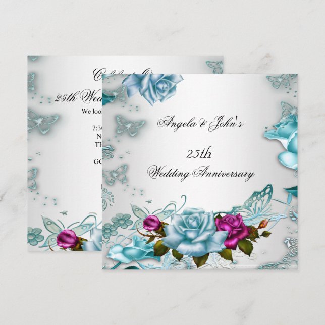 Invitación 25° Aniversario del Boda Rosa Floral Azul (Anverso / Reverso)