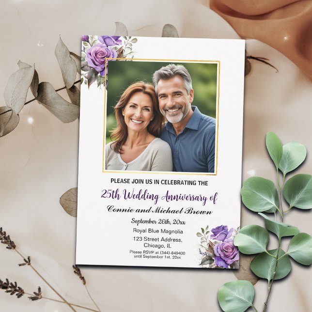 Invitación 25° Aniversario del Boda Rosas del marco dorado pú (Subido por el creador)