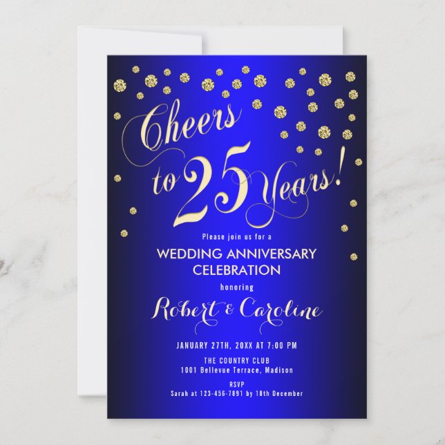Invitación 25° Aniversario del Boda - Royal Blue & Gold (Anverso)