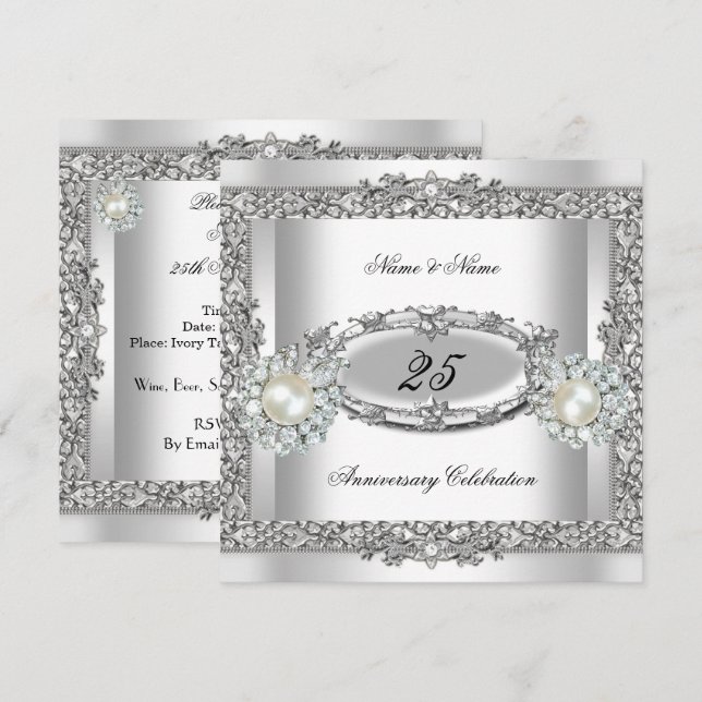 Invitación 25° Aniversario Elegante Perla Blanca Plata 2 (Anverso / Reverso)