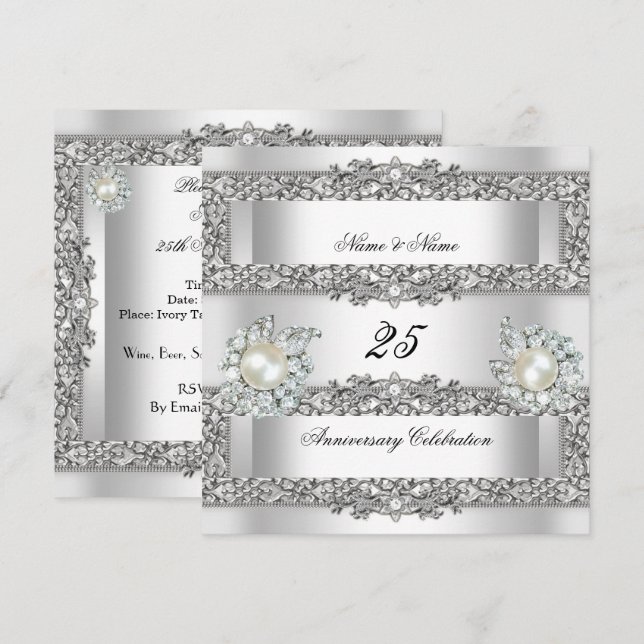 Invitación 25° Aniversario Elegante Perla de Plata Blanca (Anverso / Reverso)