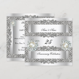 Invitación 25° Aniversario Elegante Perla de Plata Blanca