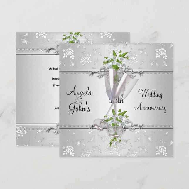 Invitación 25° Aniversario Elegante Plata Floral Blanca (Anverso / Reverso)