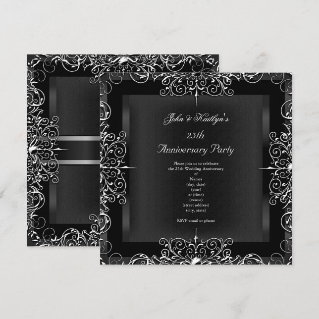 Invitación 25° Aniversario Fiesta Chalkboard Plata Floral (Anverso / Reverso)