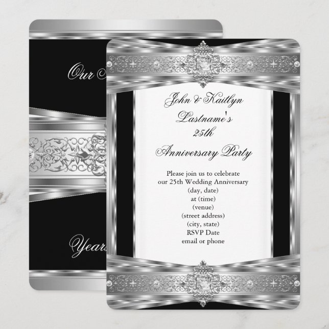 Invitación 25 Aniversario Fiesta Damask Diamante Plata Negro (Anverso / Reverso)