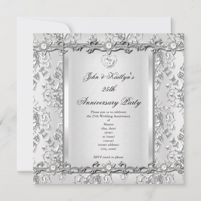 Invitación 25° Aniversario Fiesta Damask Diamond White (Anverso)