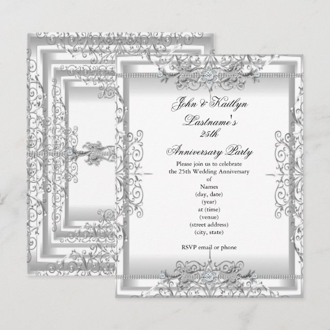 Invitación 25° Aniversario Fiesta Damask Silver White (Anverso / Reverso)