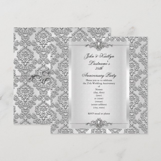 Invitación 25° Aniversario Fiesta Damask Silver White (Anverso / Reverso)
