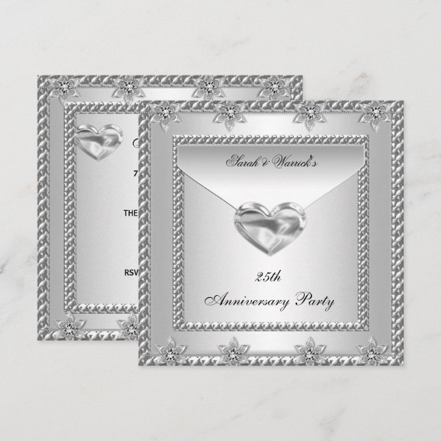 Invitación 25 Aniversario Fiesta Plata Jewel del Corazón Blan (Anverso / Reverso)