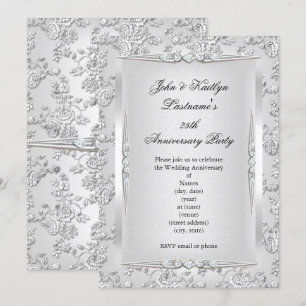 Invitación 25° Aniversario Fiesta Rosa Damask Silver White