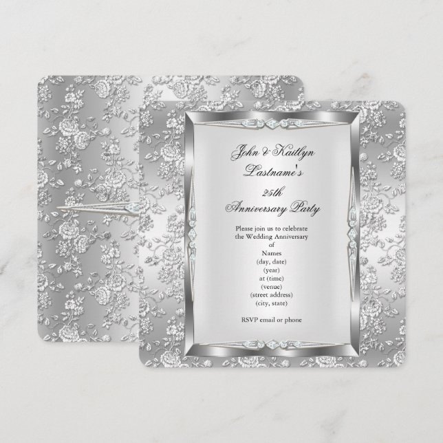 Invitación 25 Aniversario Fiesta Rosa Damask Silver White 4 (Anverso / Reverso)
