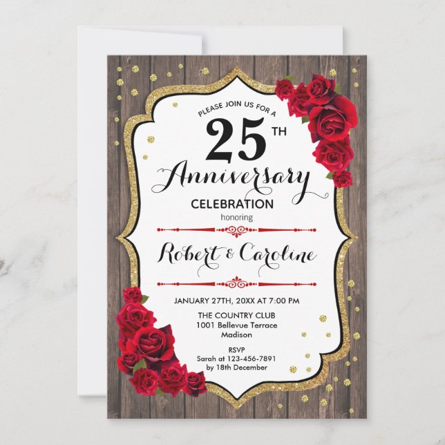 Invitación 25 Aniversario - Madera Dorado Rojo (Anverso)