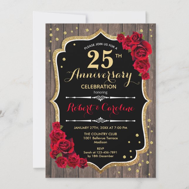 Invitación 25 Aniversario - Madera Rojo Dorado (Anverso)