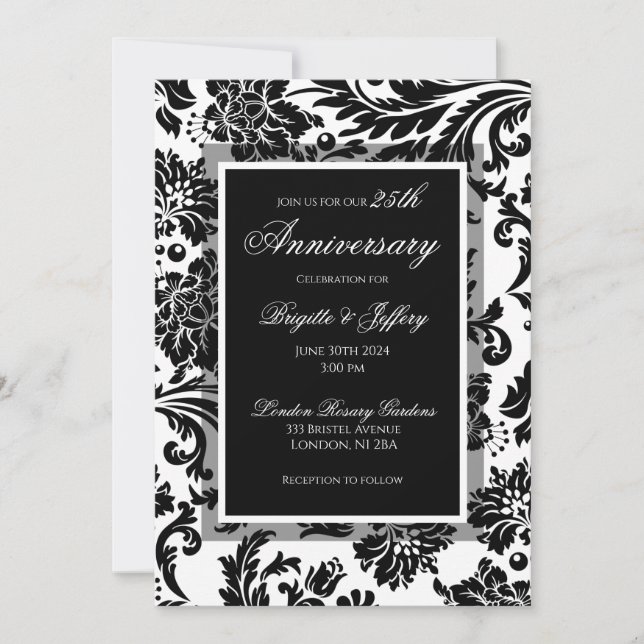 Invitación 25° aniversario personalizado de damasco blanco y  (Anverso)