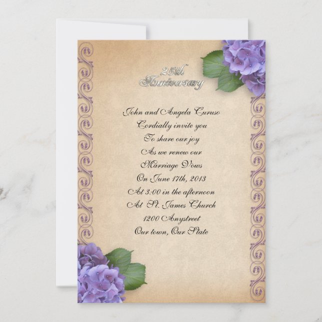 Invitación 25 Aniversario promesa renovación hidrangea floral (Anverso)