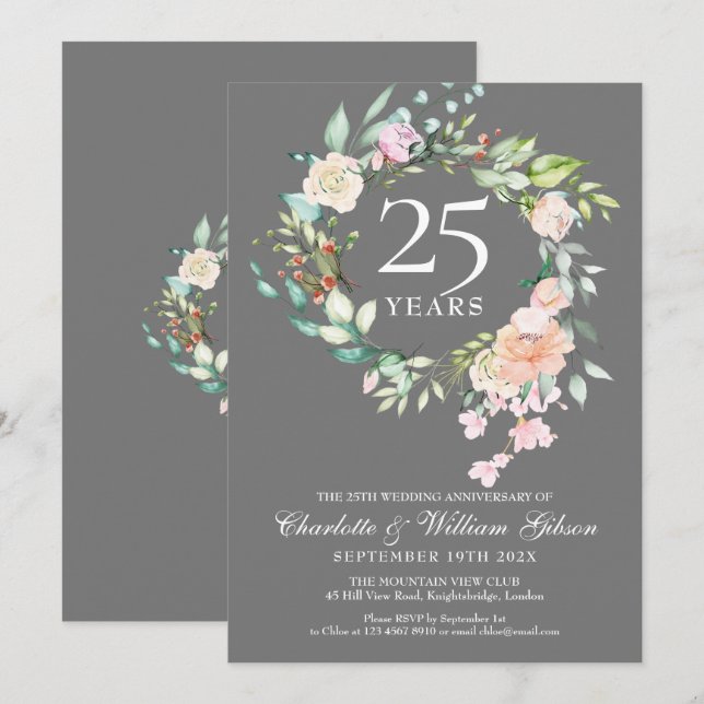 Invitación 25° Aniversario Rosas de Plata Garland Floral (Anverso / Reverso)