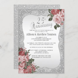 Invitación 25 Aniversario Silver Glitter | Floral Rosado