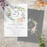 Invitación 25° Aniversario Sorpresa Fiesta Rosas Garland<br><div class="desc">Con una delicada acuarela de vegetación floral, esta moda fiesta botánico sorpresivo de 25º aniversario de boda puede ser personalizada con su información especial de aniversario de plata. El reverso presenta una guirnalda floral que enmarca las fechas del aniversario en un elegante texto blanco sobre un fondo plateado. Diseñado por...</div>