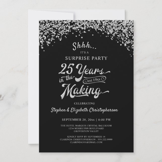 Invitación 25° Aniversario Sorpresa Fiesta Silver Confetti (Anverso)