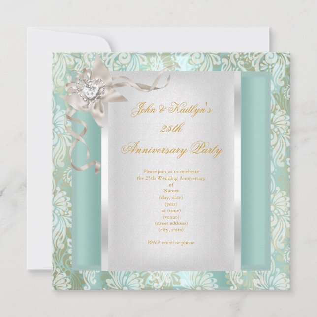 Invitación 25 Aniversario Verde azulado Damask Plata Blanco 2 (Anverso)