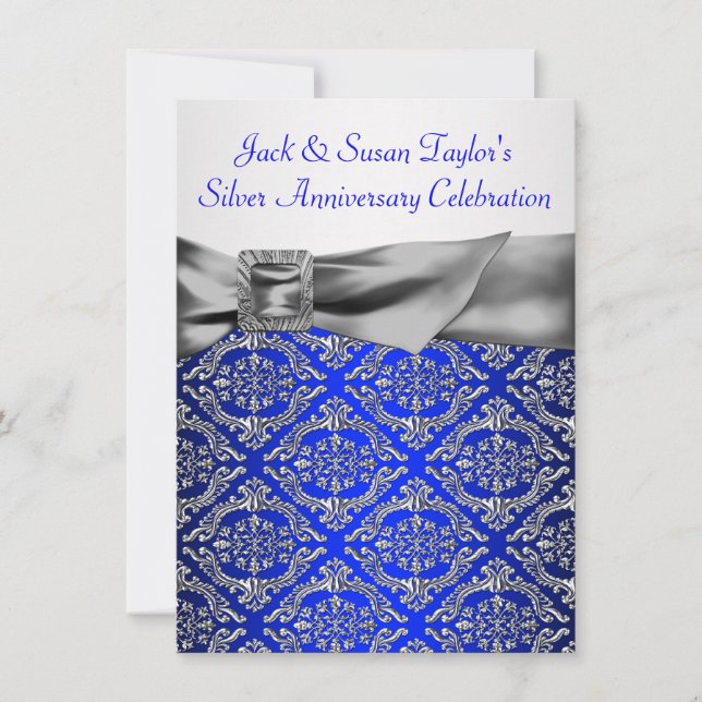 Invitación 25 años del Royal Blue Silver Damask Silver (Anverso)