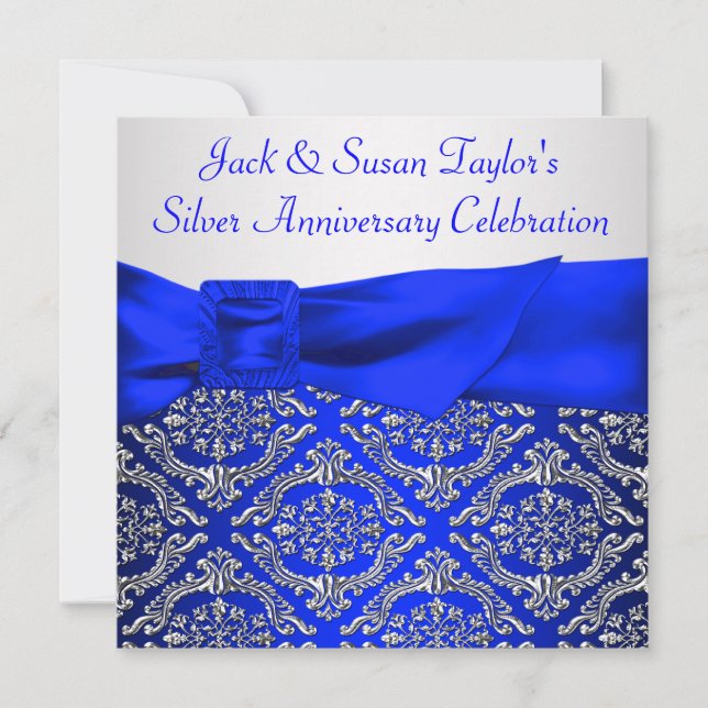 Invitación 25 años del Royal Blue Silver Damask Silver (Anverso)