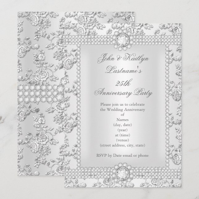 Invitación 25 años Rosa de diamantes Damask Silver larga (Anverso / Reverso)