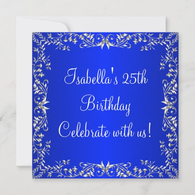 Invitación 25 cumpleaños Cobalt azul y plata floral Metalizad (Anverso)