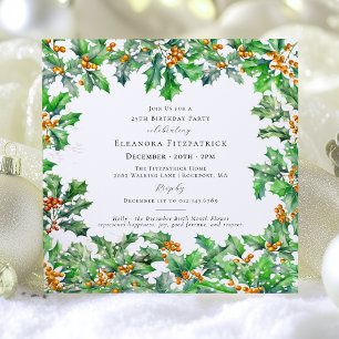 Invitación 25 cumpleaños Diciembre Nacimiento Flower Holly Sq