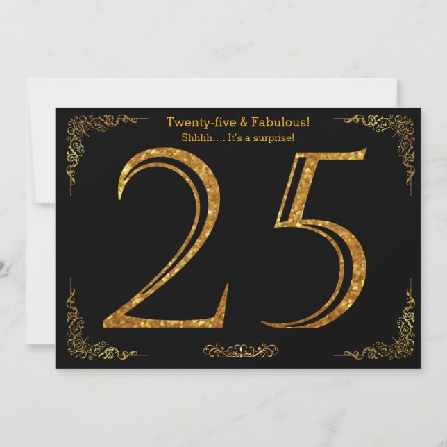 Invitación 25 cumpleaños, Gatsby styl, purpurina de oro negro (Anverso)