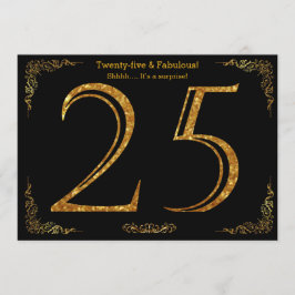 Invitación 25 cumpleaños, Gatsby styl, purpurina de oro negro