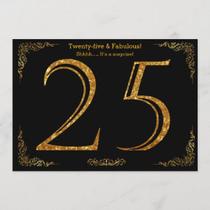 Invitación 25 cumpleaños, Gatsby styl, purpurina de oro negro