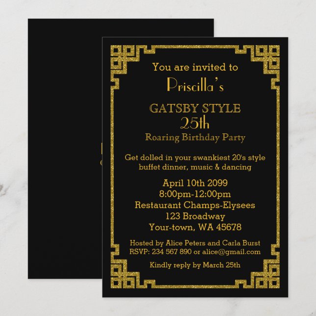 Invitación 25,Fiesta de cumpleaños, estilo Gatsby, negro y or (Anverso / Reverso)