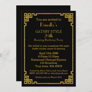 Invitación 25,Fiesta de cumpleaños, estilo Gatsby, negro y or
