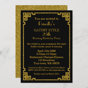 Invitación 25,Fiesta de cumpleaños, estilo Gatsby, negro y or