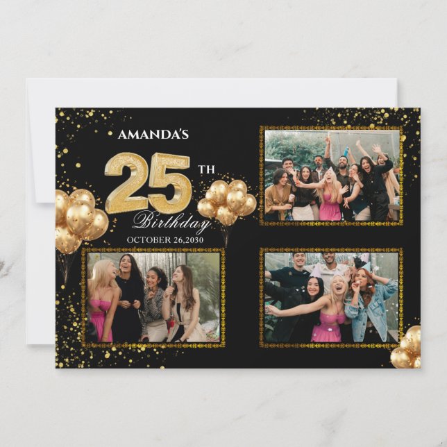 Invitación 25 th Birthday Gold Silver Black Balloons (Anverso)