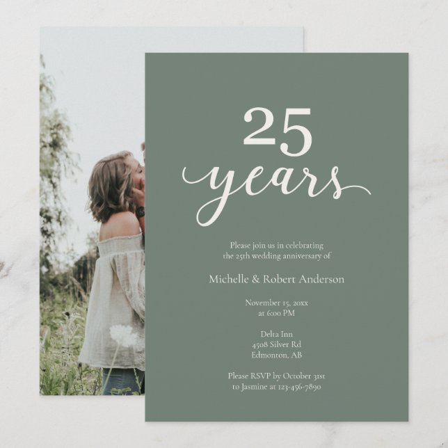 Invitación 25th wedding Anniversary Elegant Photo Sage Green (Anverso / Reverso)